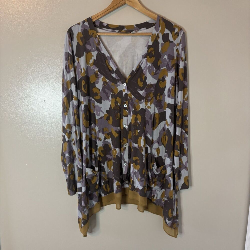 Logo By Lori Goldstein Cardigan Purple Gold Asymmetrical Lightweight Sz Large